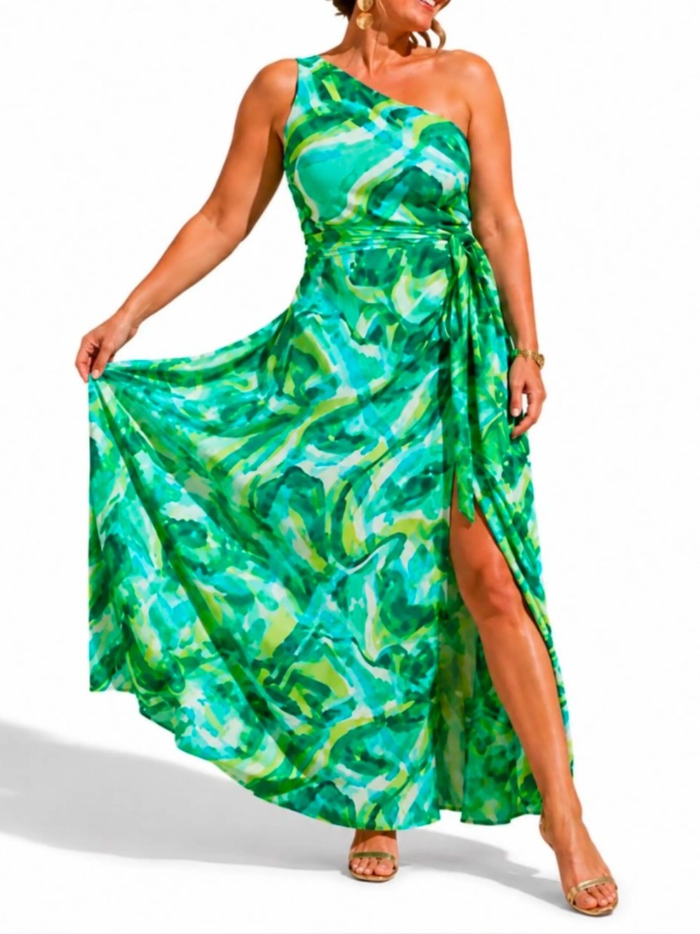 Nicole Miller One-Shoulder Green Multi-Print Maxi Dress